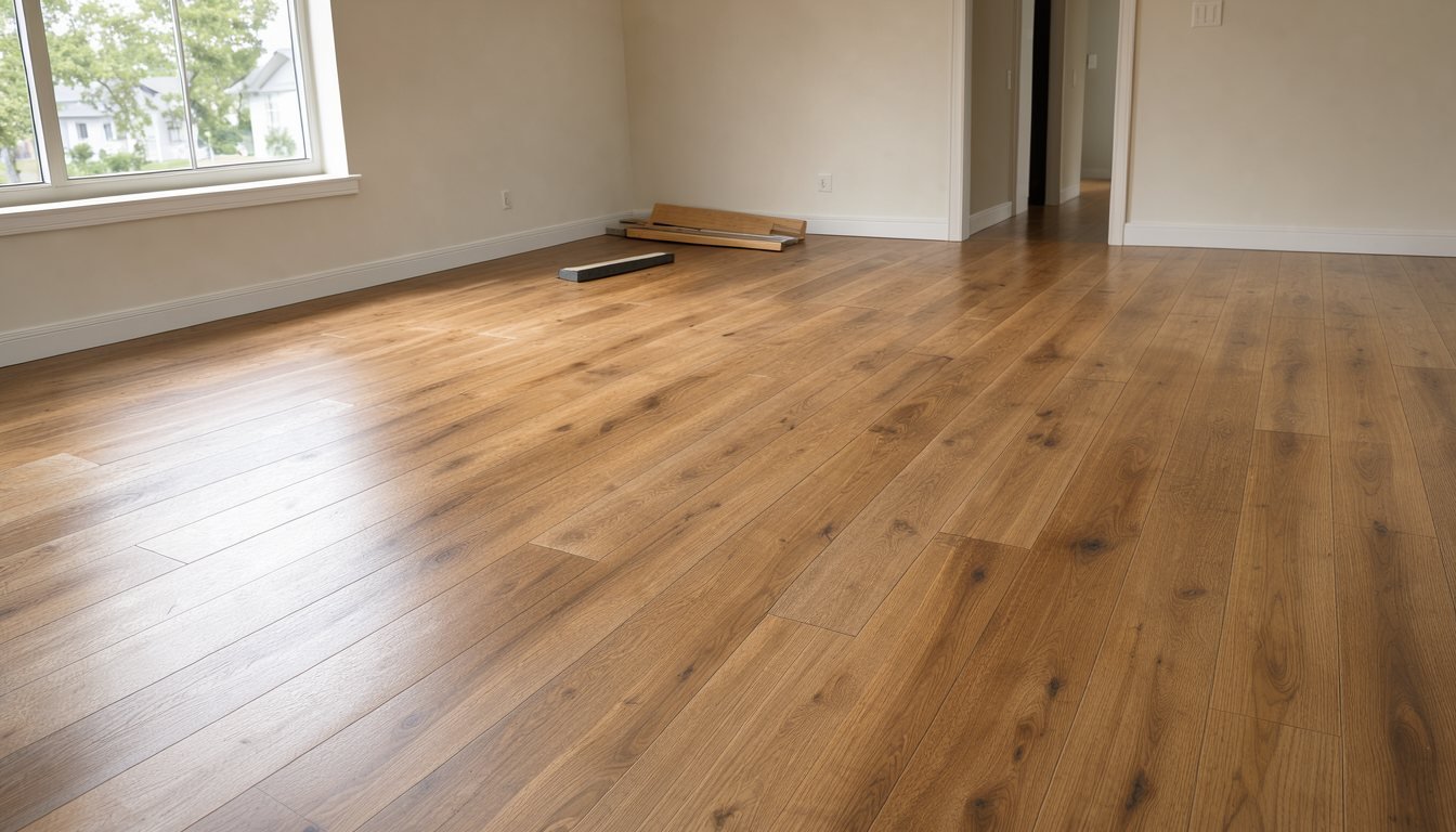 A freshly installed oak-tone laminate floor in a bright, empty living room